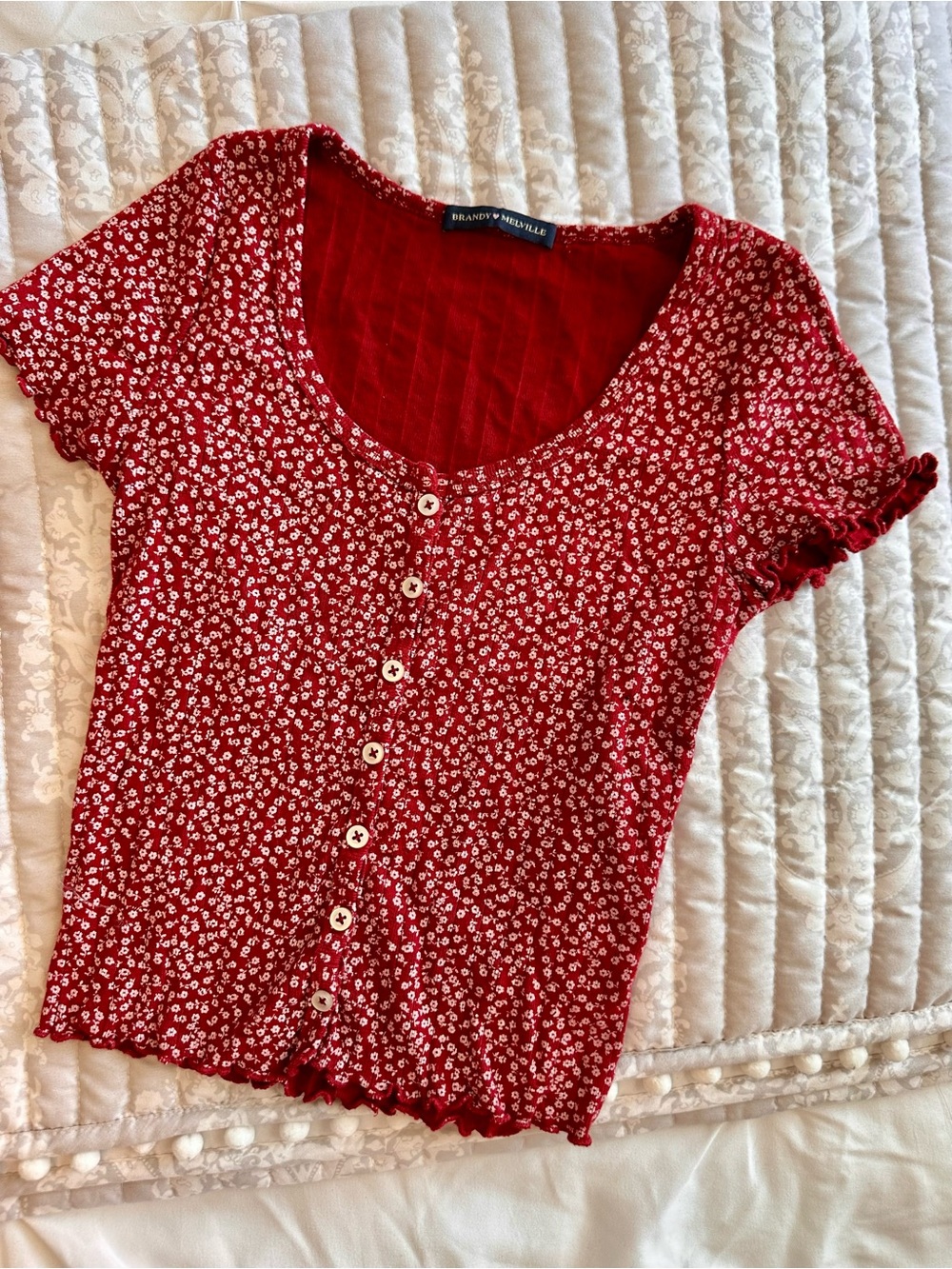 Brandy Melville Red Floral Button-Up Cropped Tee